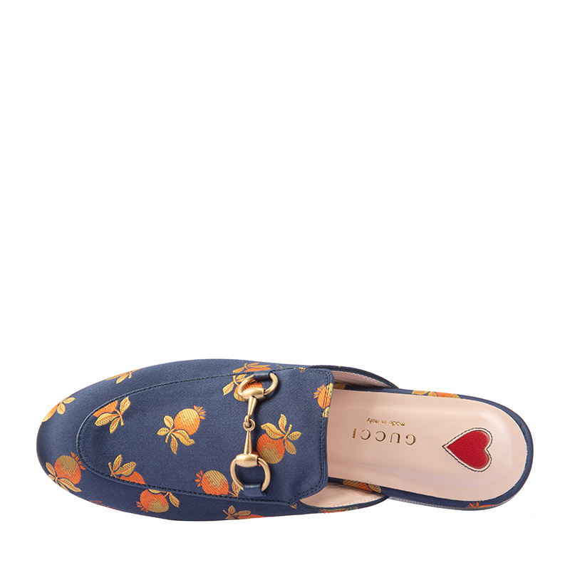 Gucci Horse Title Buckle Fruit Printed Muller Shoes In Blue