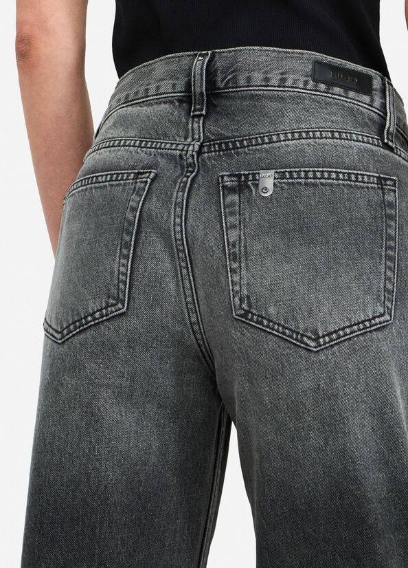 Liu •jo Straight-leg Denim Trousers With Rhinestones In Gray