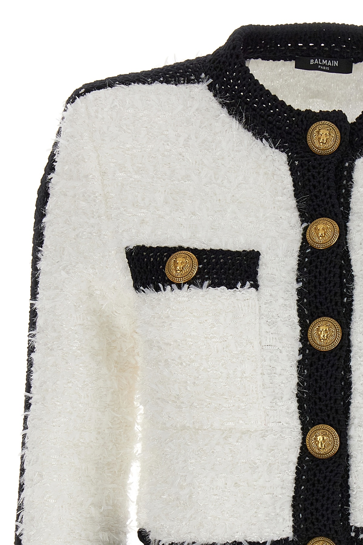 Balmain Colorblocked Tweed Knit Jacket In White