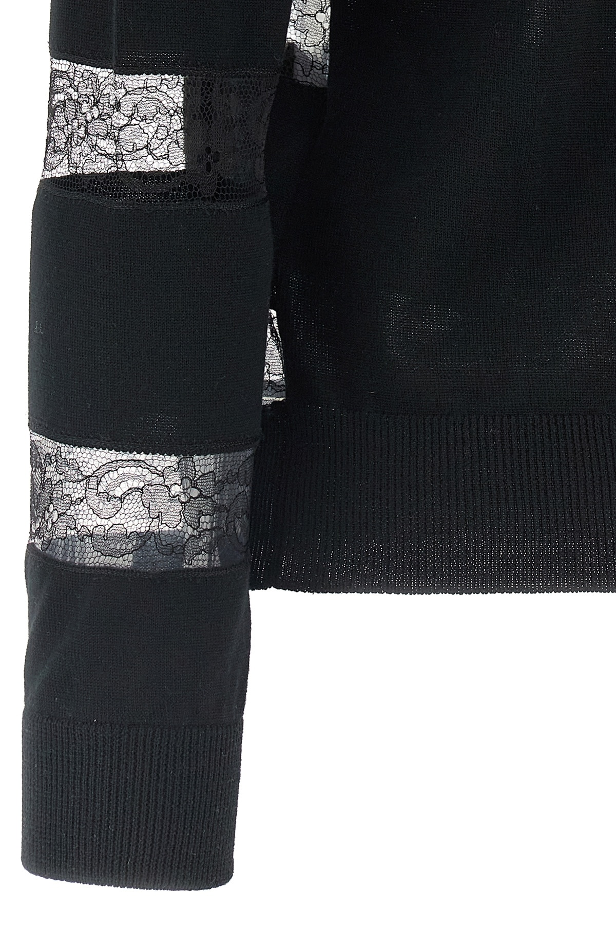 Valentino Bow-embellished Striped Lace-trimmed Wool Sweater In Black