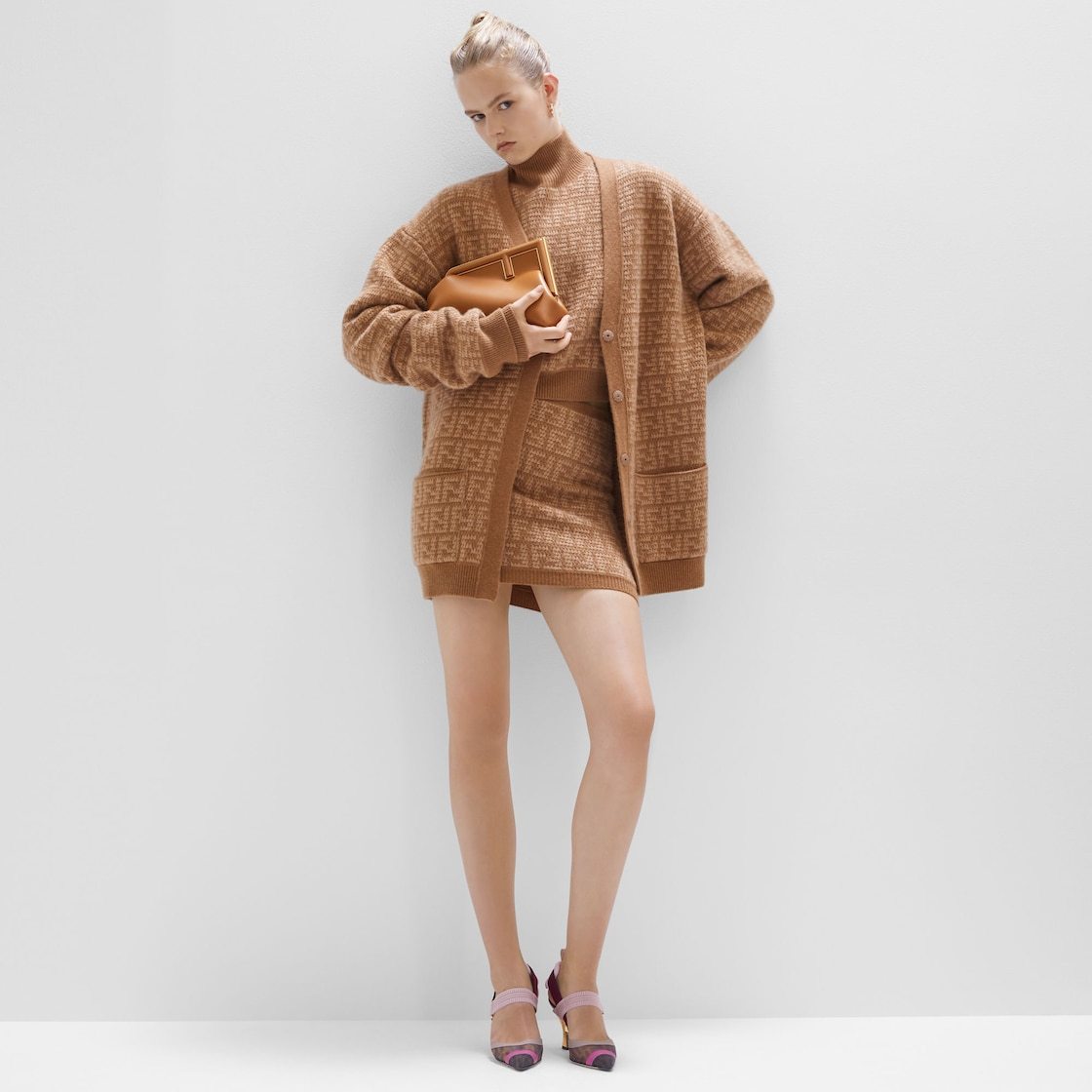 Fendi Ff Motif Knitted Mini Skirt In Nude