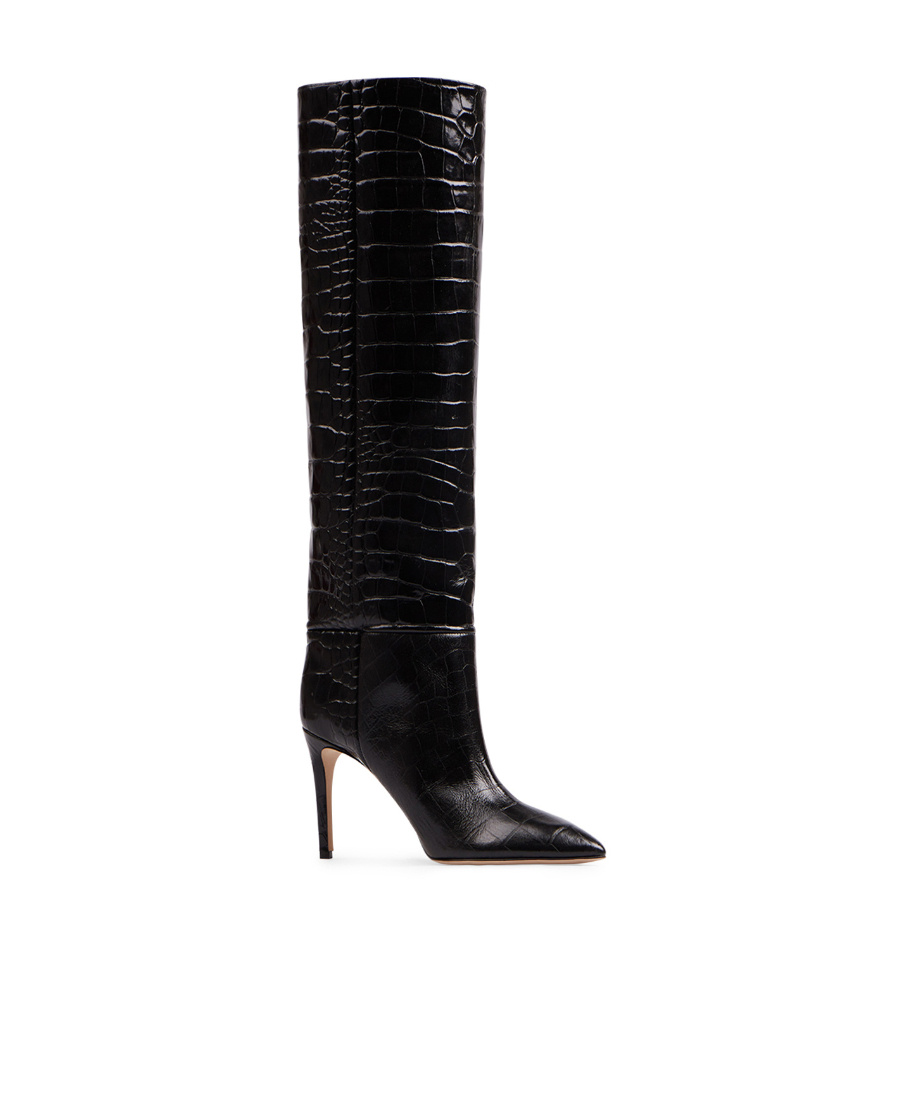 Paris Texas Dark Bordeaux High Boots With Stiletto Heel In Croco Embossed Leather Woman In Black