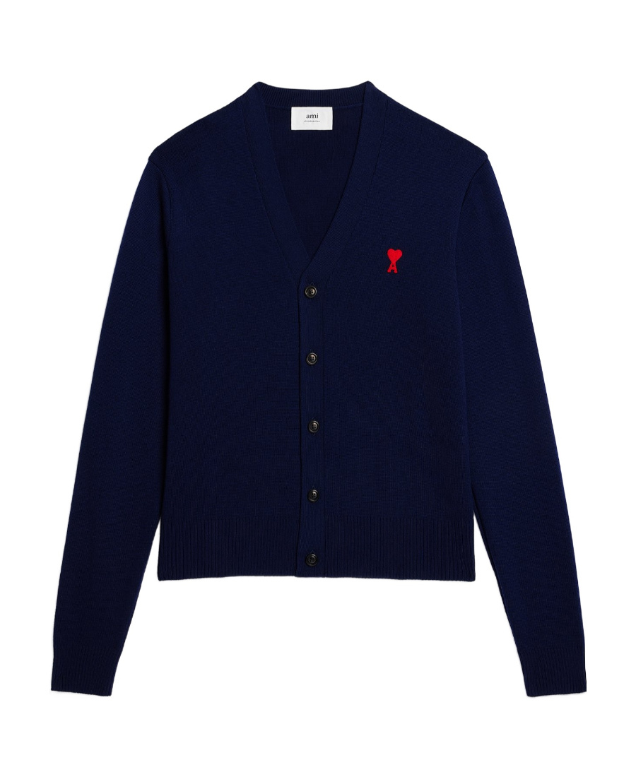 Ami Alexandre Mattiussi Ami Ami De Coeur Logo Embroidered V-neck Knitted Cardigan In Blue