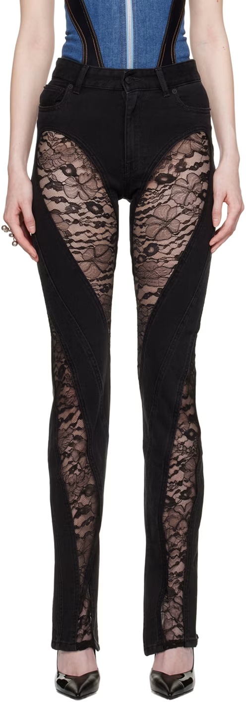 Mugler Floral-lace Panelled Jeans In Black