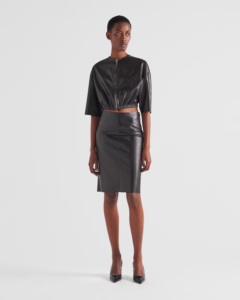 Prada Cropped Leather Bomber Jacket In Black