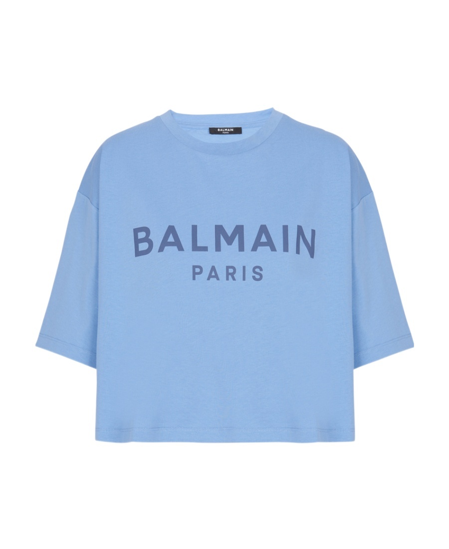 Shop Balmain Cropped Printed Logo T-shirt In Blue