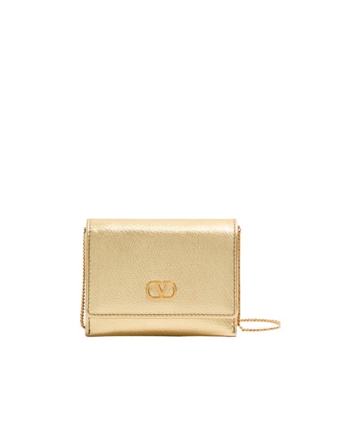 Valentino Vlogo Signature Metallic Grainy Calfskin Wallet With Chain