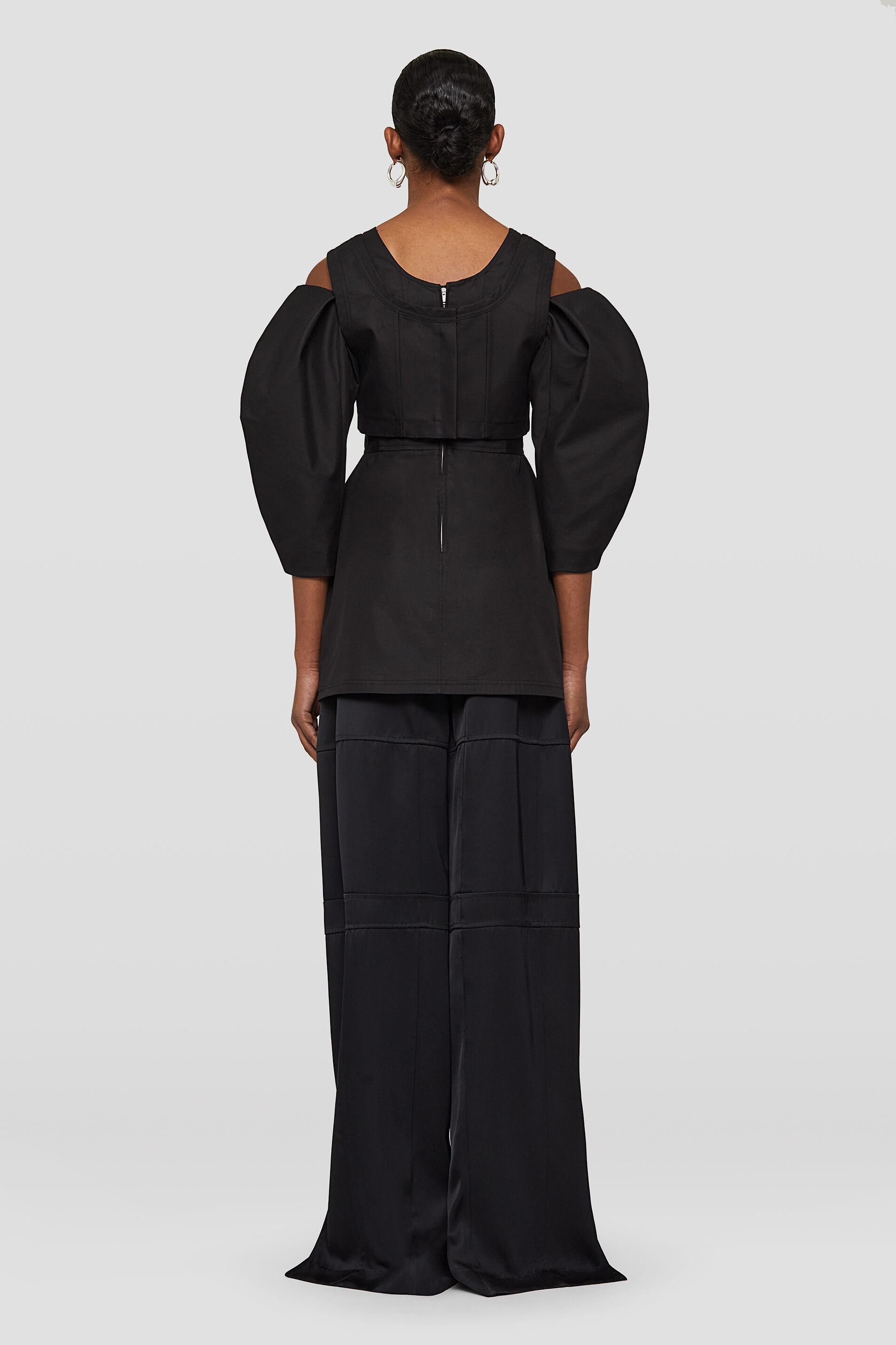 Jil Sander Gathered Cold-shoulder Top With Puff Sleeves In Black
