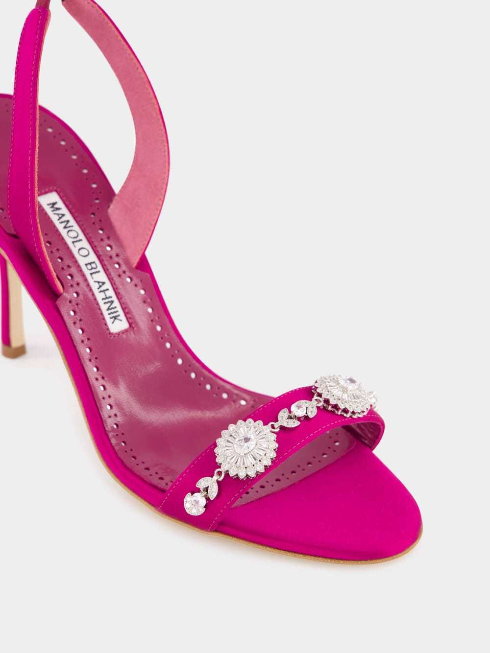 Manolo Blahnik Pink Satin Embellished Slingback Sandals In Pink