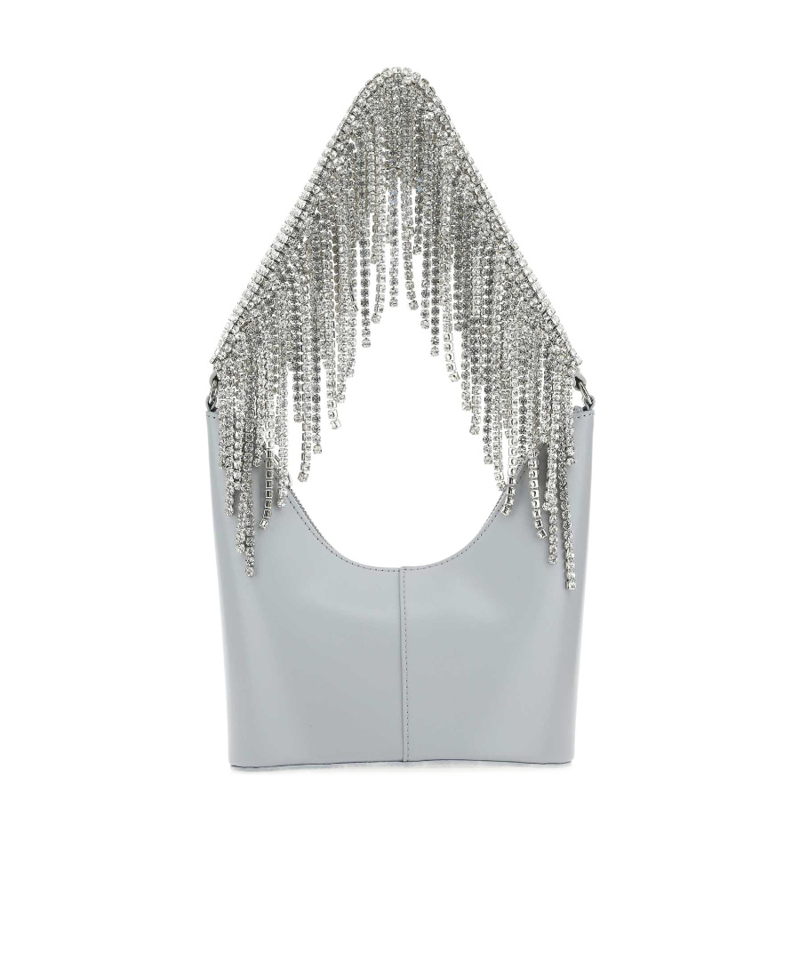 Kara Bean Crystal-embellished Fringe Shoulder Bag In Gray