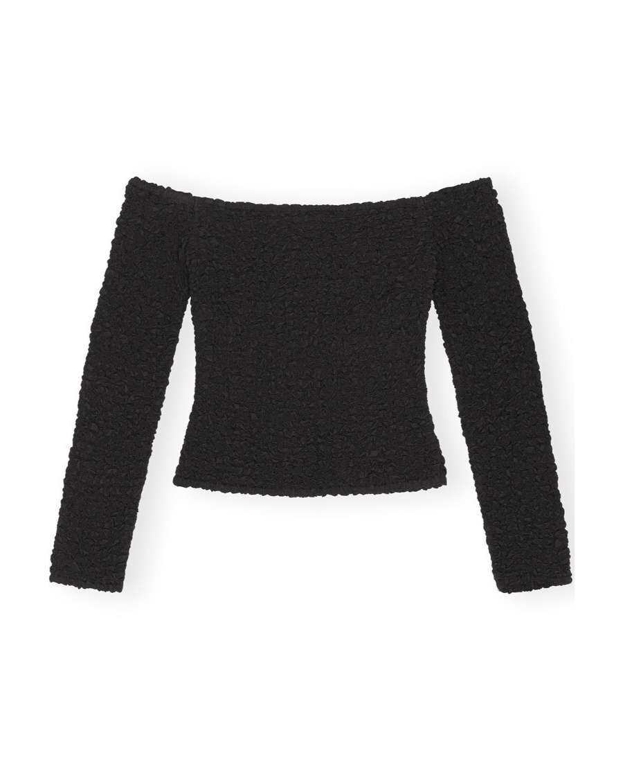 Ganni Off-shoulder Smock-effect Top In Black