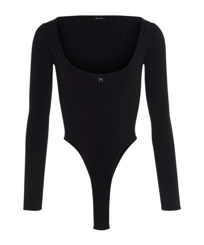 Mugler Logo-plaque Ribbed Bodysuit In Black