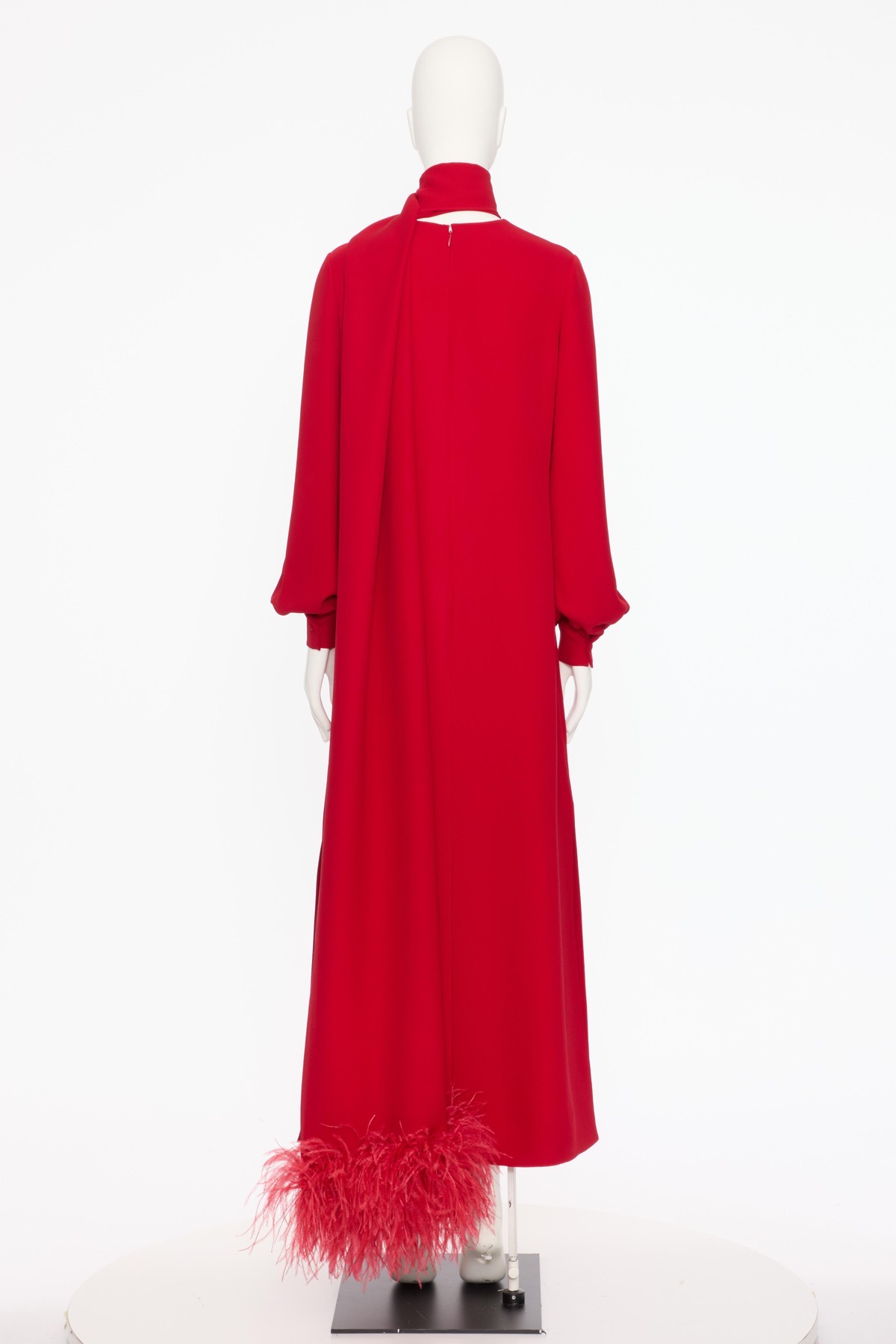 Valentino Maxi Silk Dress With Removable Scarf And Feather Details In Red