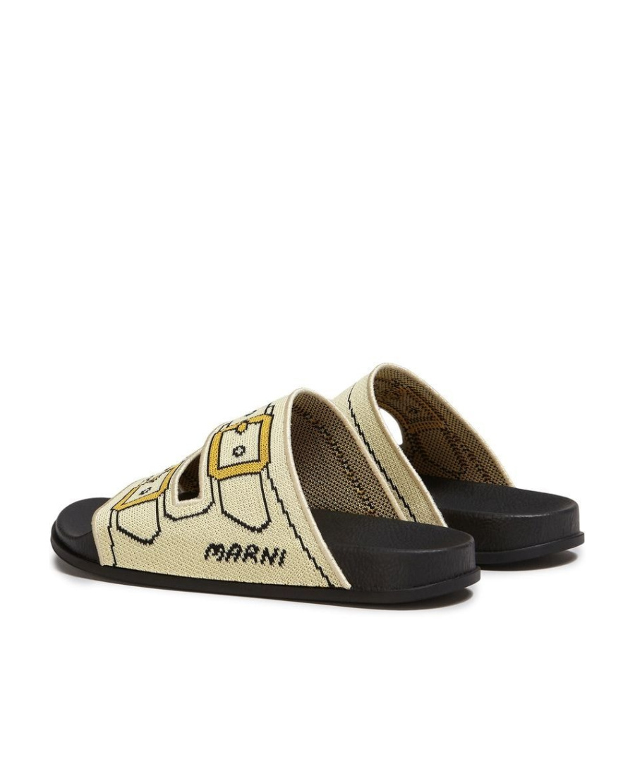 Marni Ecru And Gold Trompe L'oeil Jacquard Two-strap Slide In Brown