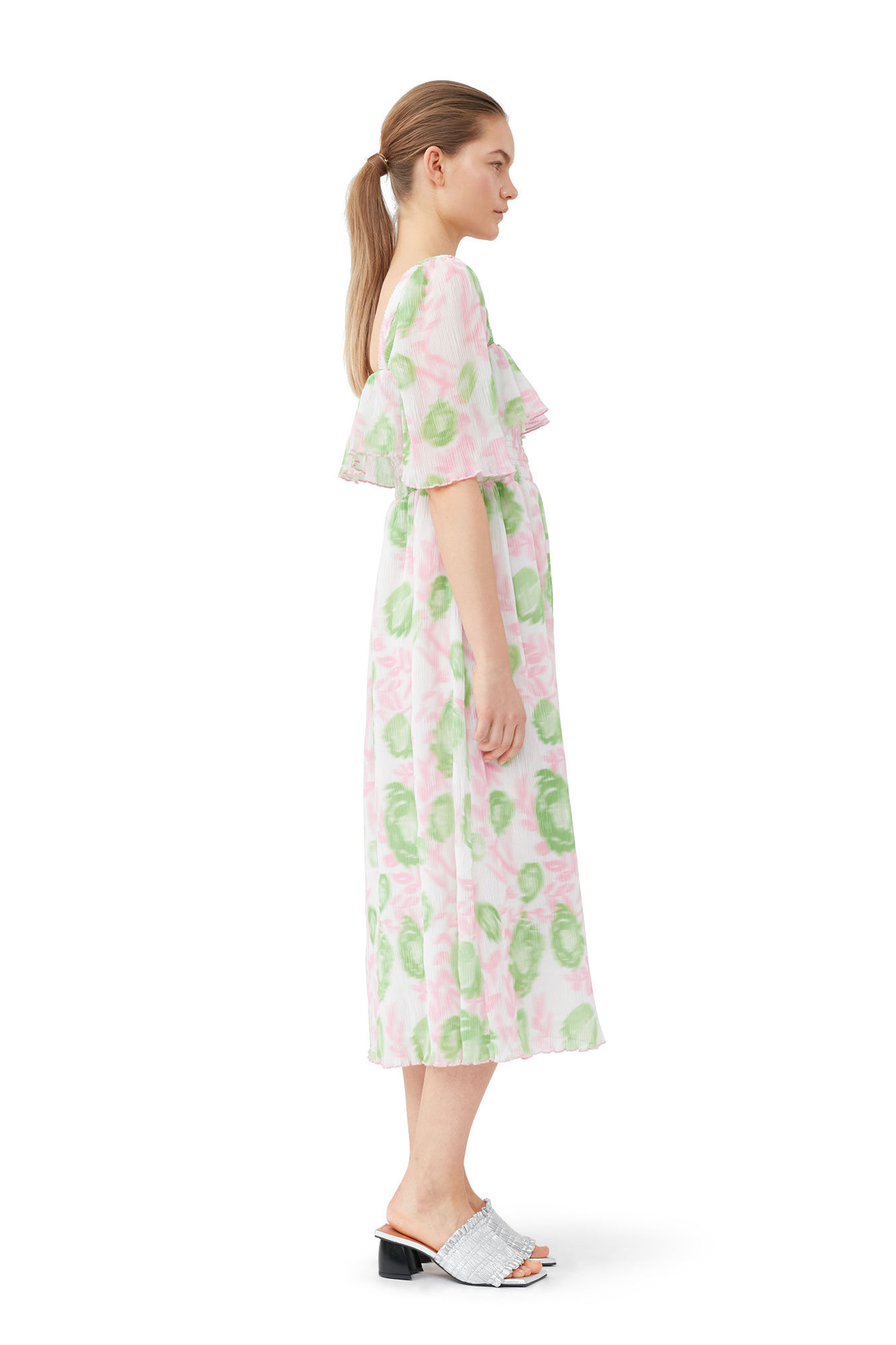 Ganni Short Sleeve Pleated Georgette Midi Smock Dress In Pink