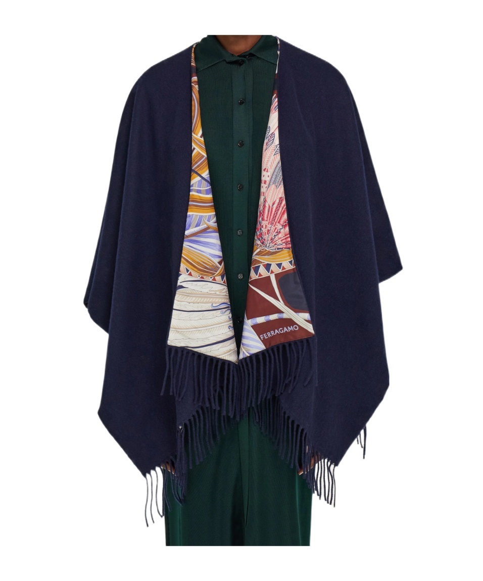 Ferragamo Cashmere And Silk Reversible Cape In Blue