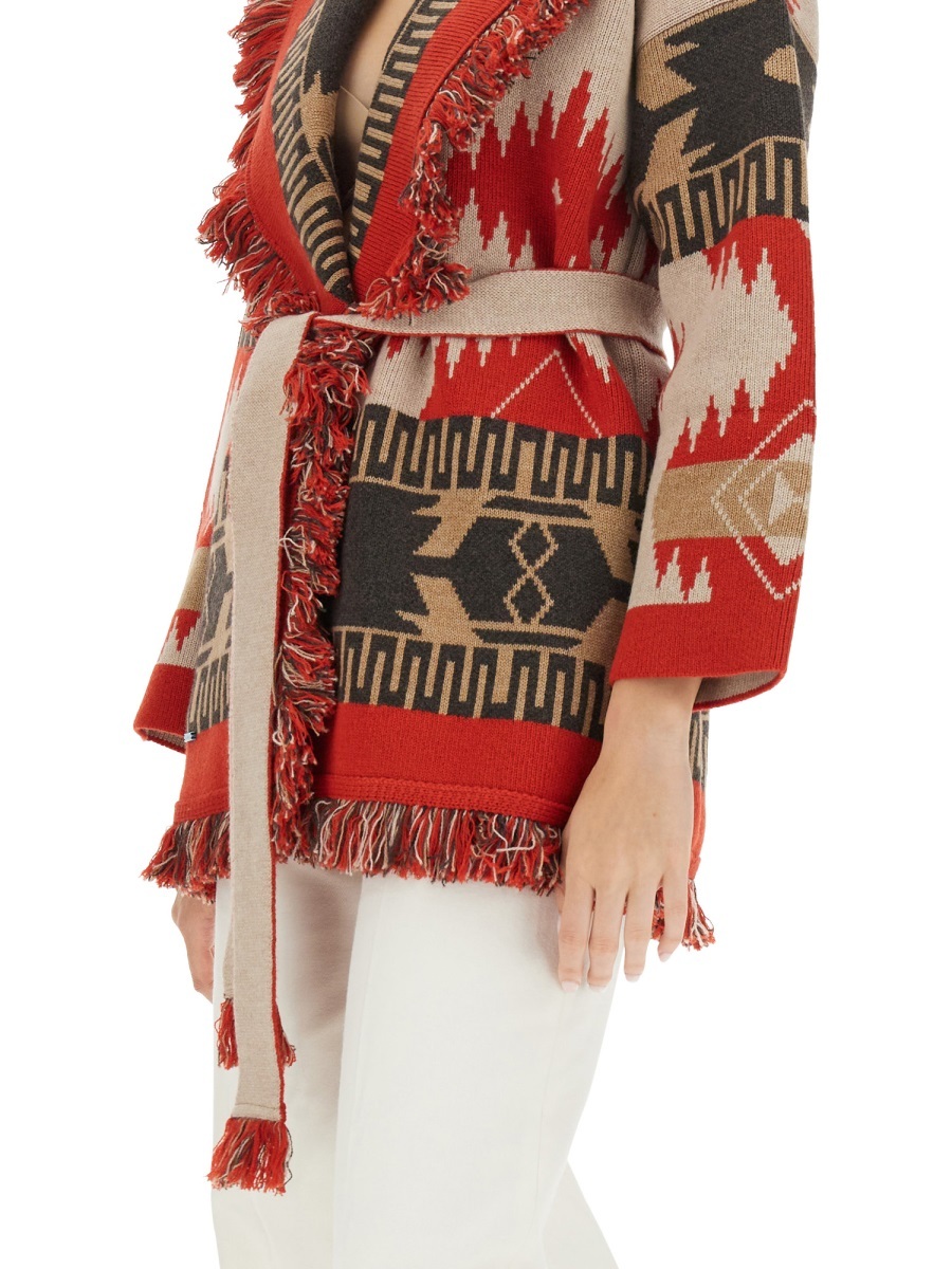 Alanui Icon Jacquard Belted Fringed Cardigan In Red