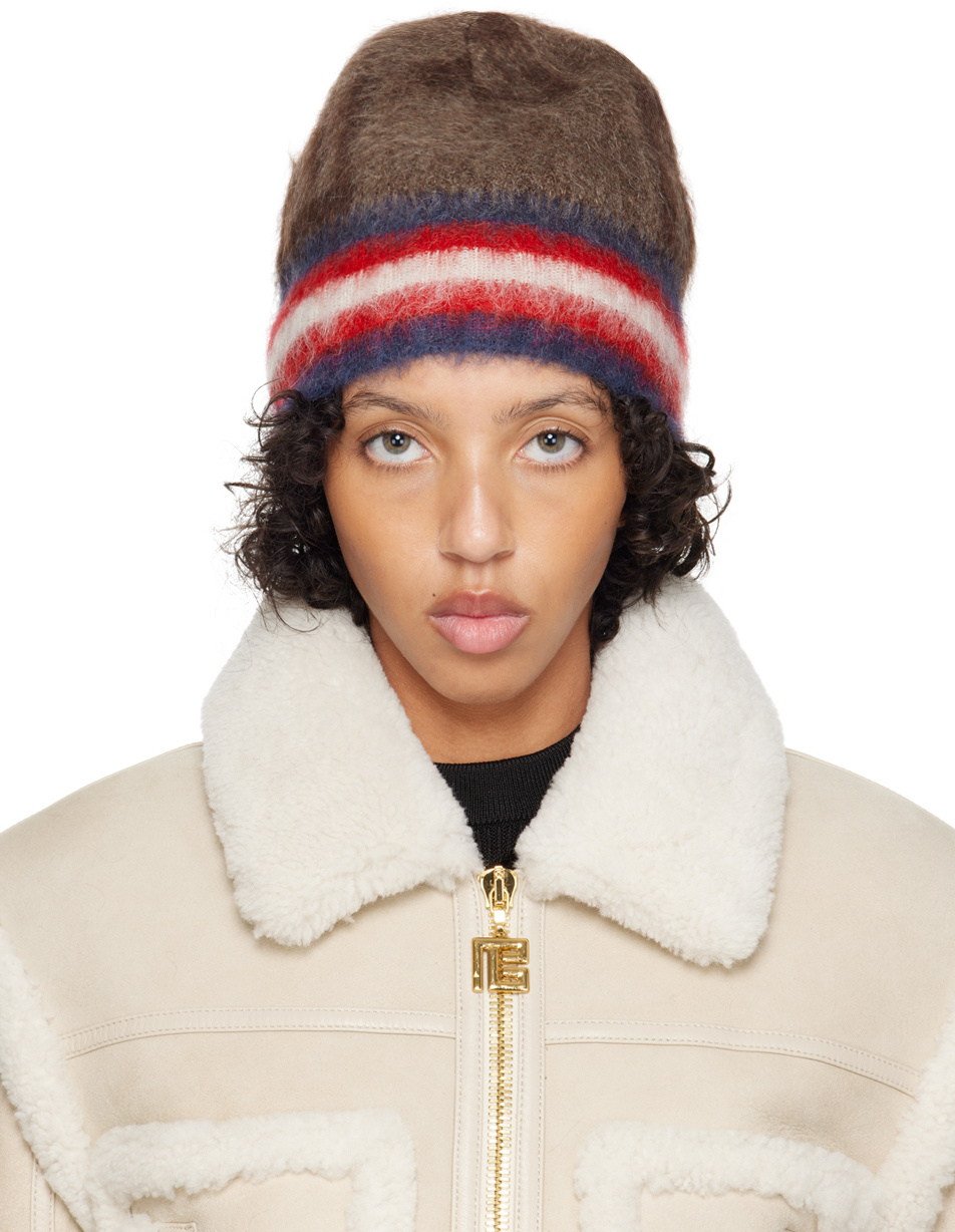 Balmain Brown Brushed Beanie In Red