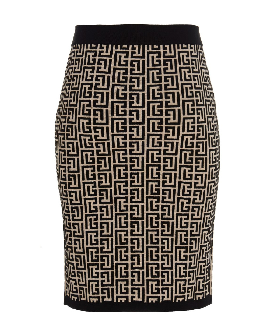 Balmain Monogram Wool Pencil Skirt With Zip In Black