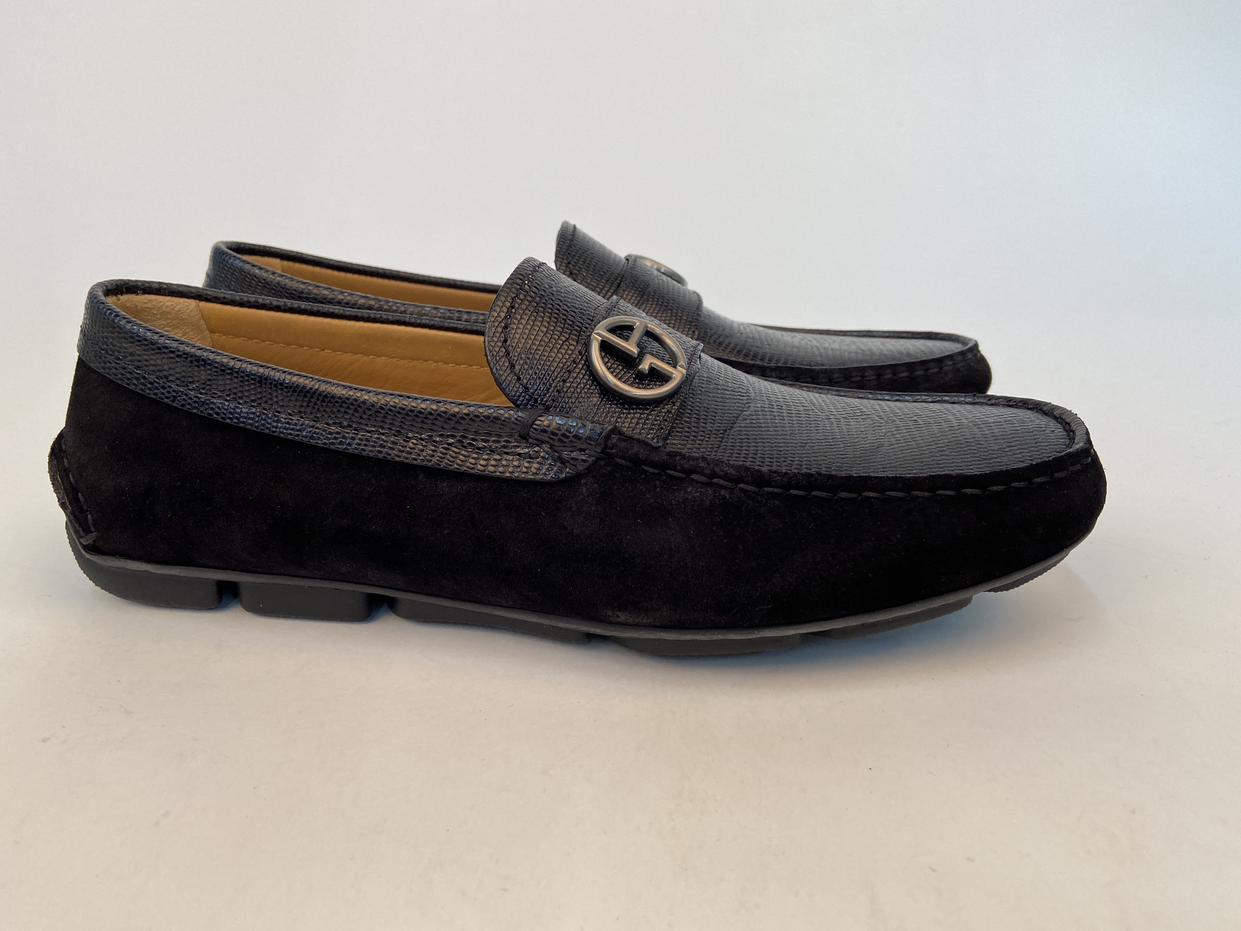 Giorgio Armani Gold Buckle Love Shoes In Black