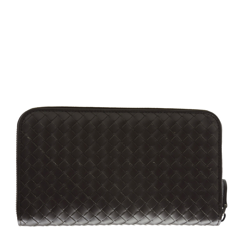 Bottega Veneta Intracciato Piccolo Woven Wrap-around Zipper Wallet In Brown