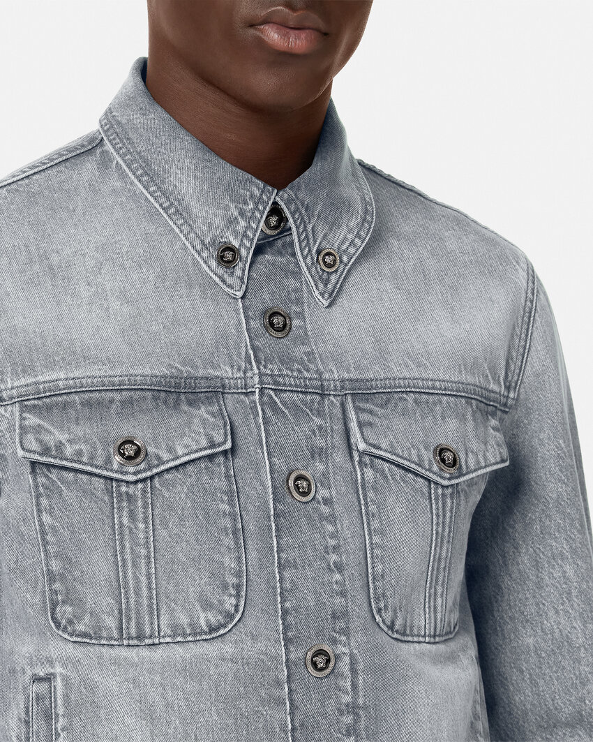 Versace Denim Blazer Flap Pockets In Gray