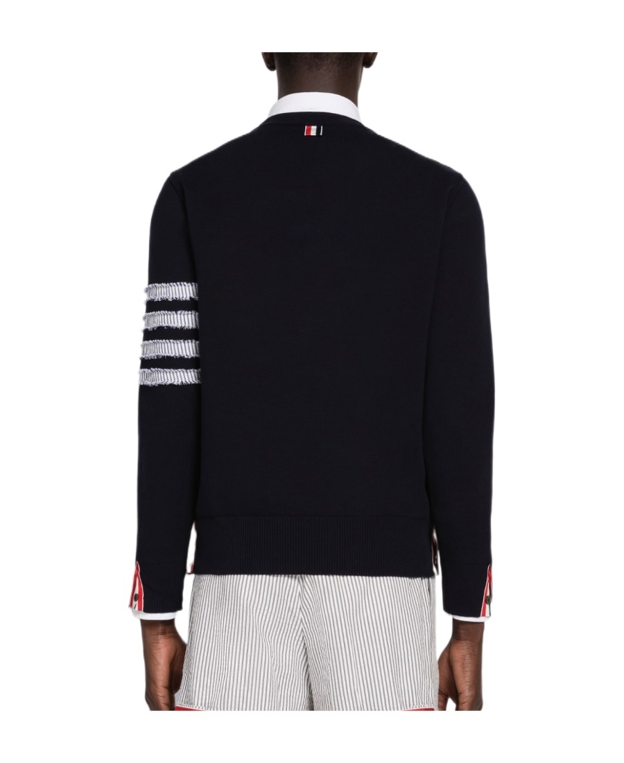 Thom Browne Blue Crewneck Swwater With 4-bar On The Sleeve And Ribbed Trims In Wool Man In Navy Blue
