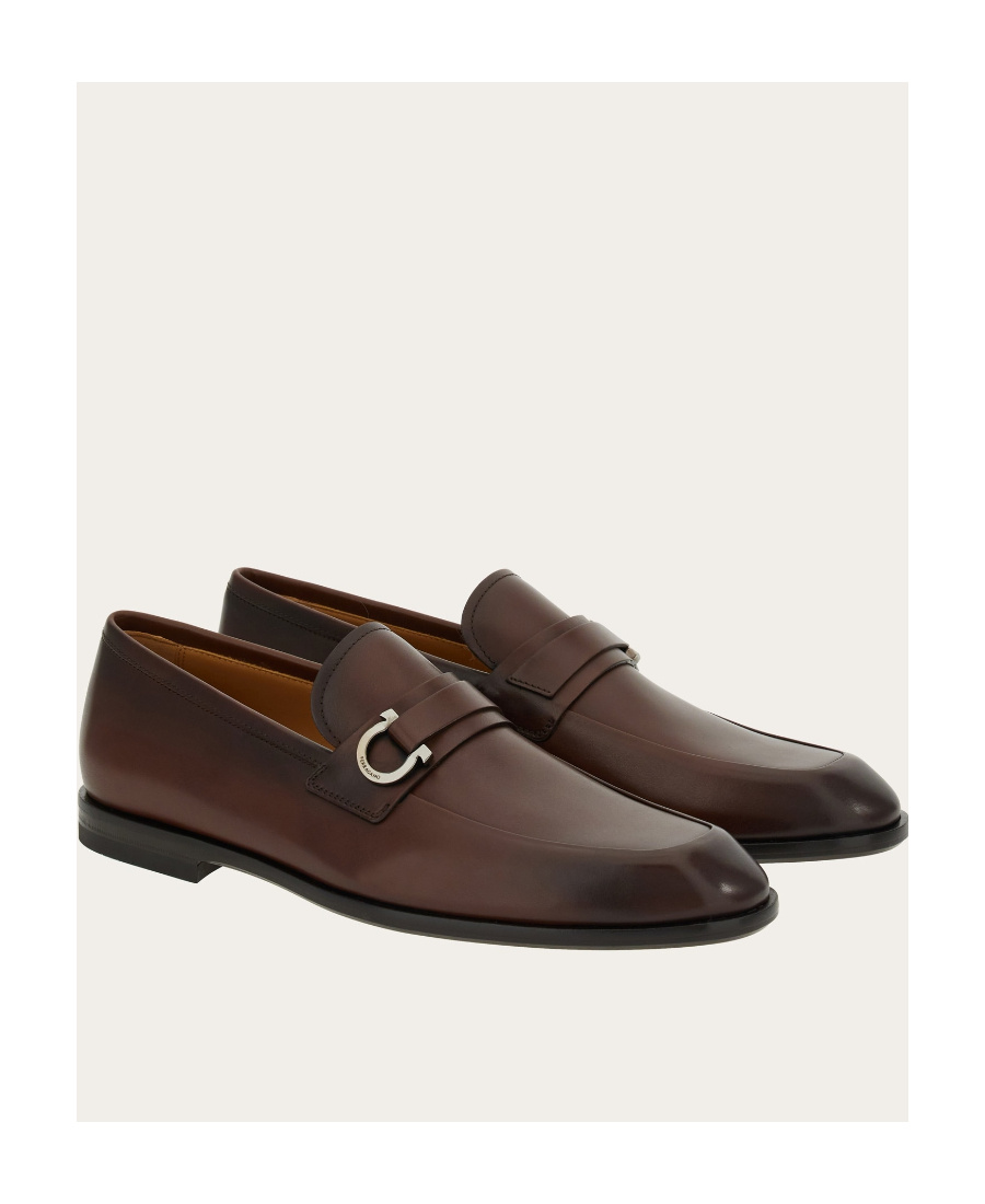 Ferragamo Florio Leather Loafer With Gancini Detail In Brown