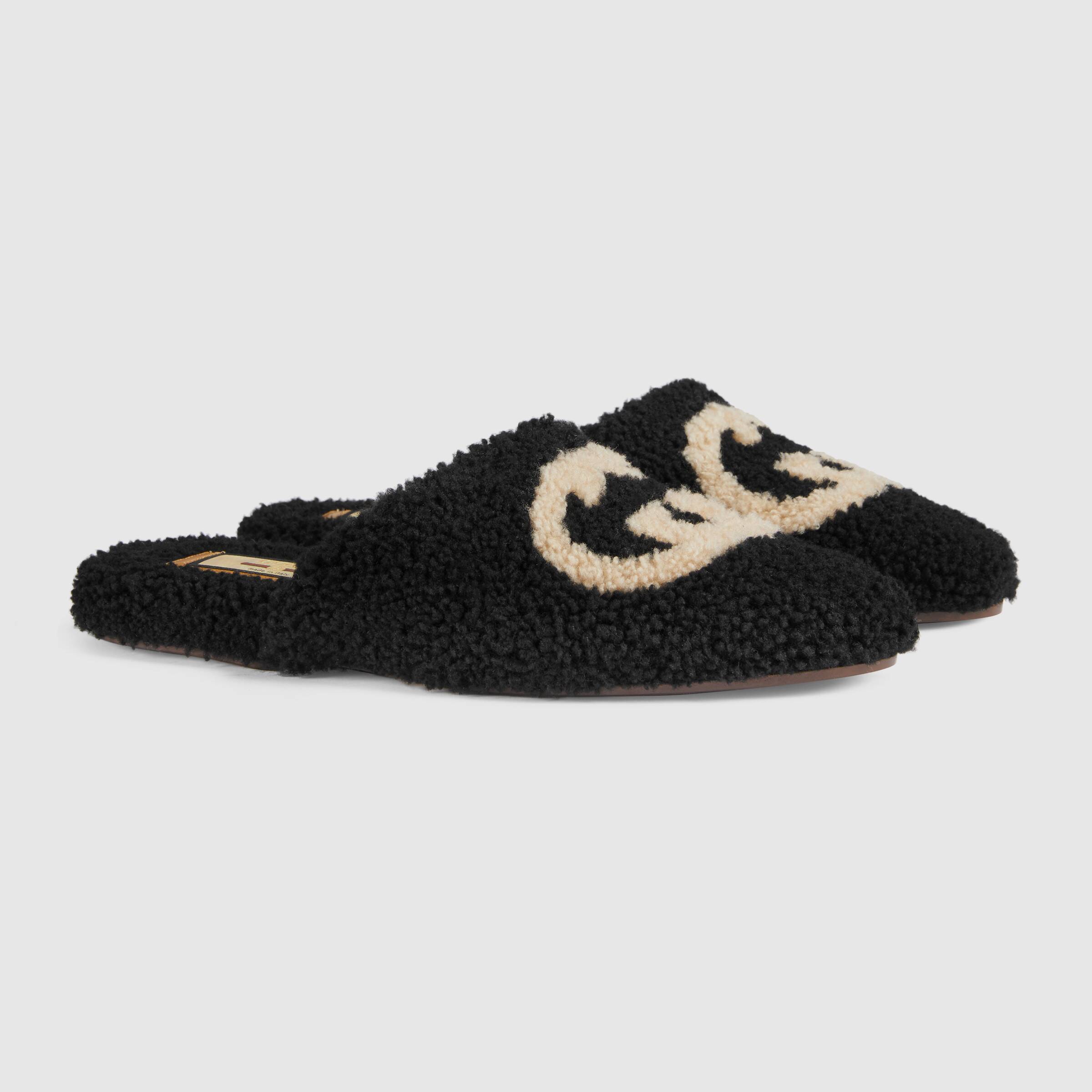 Gucci Interlocking-g Textured Slippers In Black