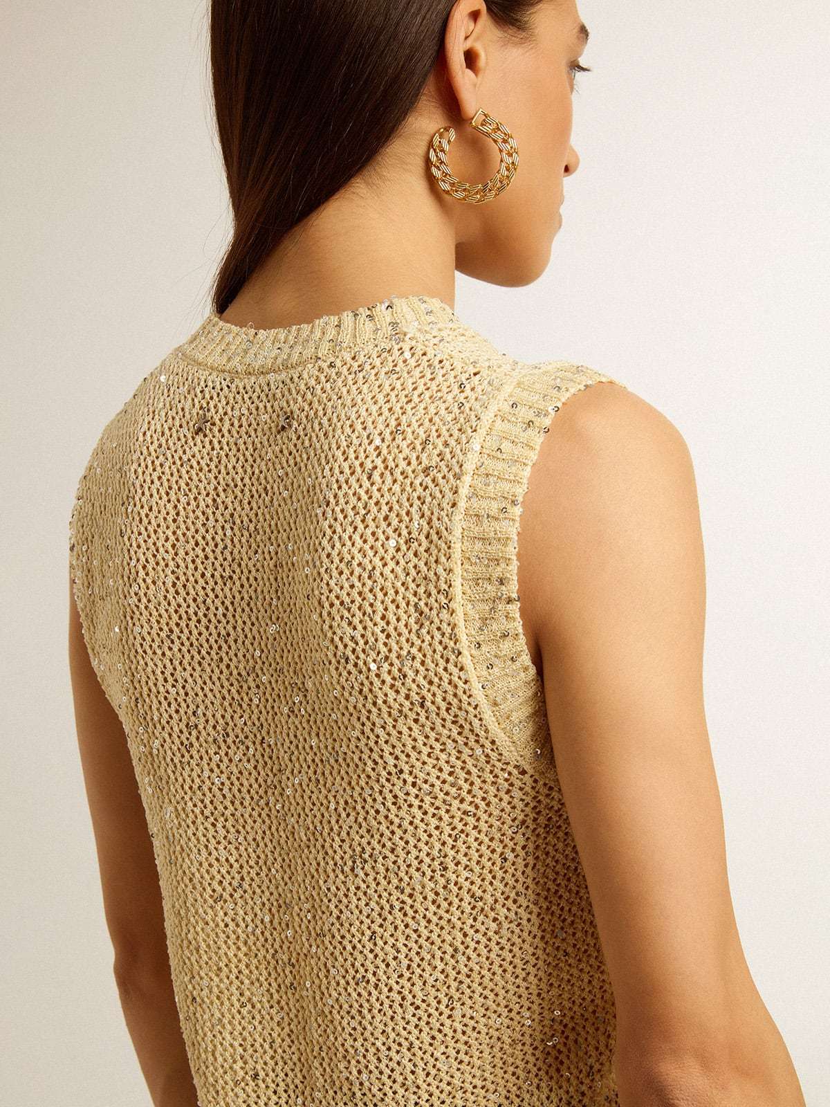 Shop Golden Goose Mesh Knit Top With Sequins And Contrasting Details In Nude