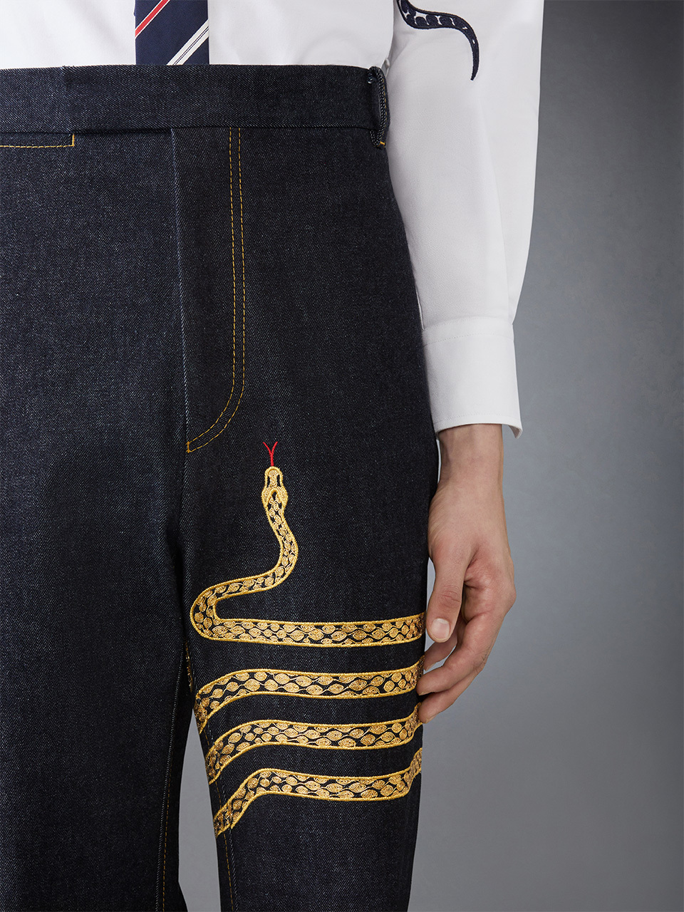 Thom Browne Snake-embroidery Straight-leg Jeans In Black