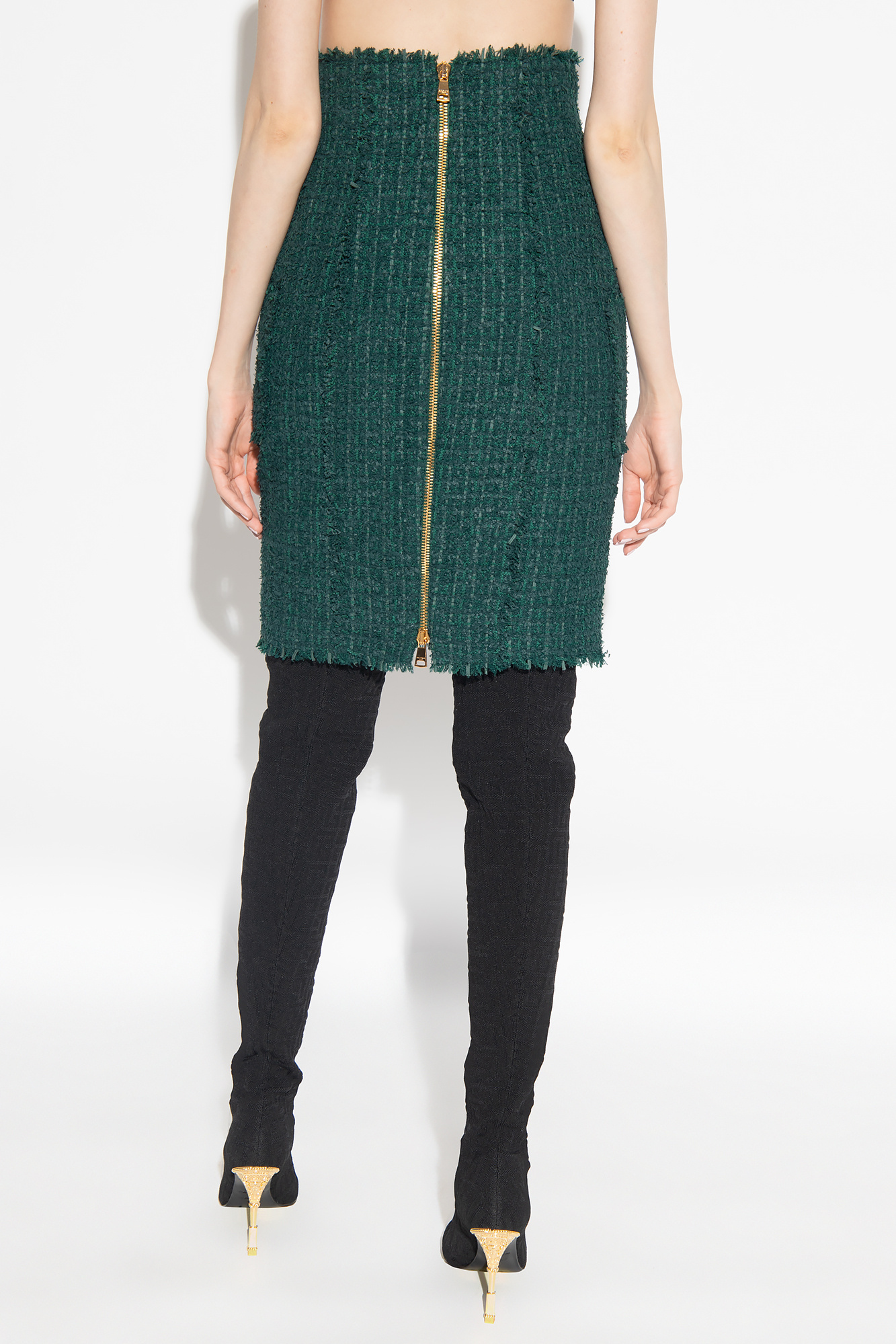 Balmain Tweed Double-breasted Pencil Skirt In Green