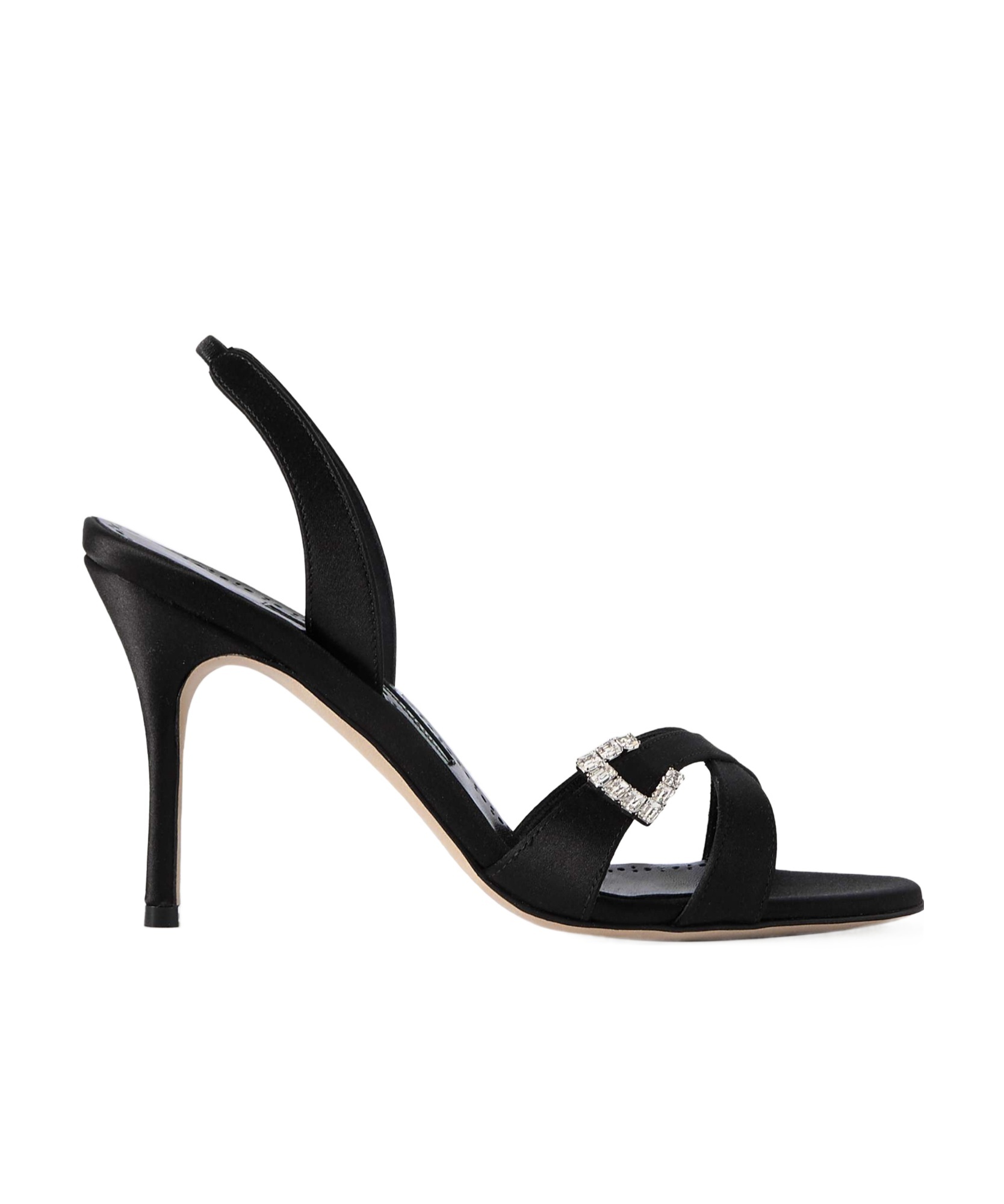 Manolo Blahnik Satin Crisscross Buckle Slingback Sandals In Black
