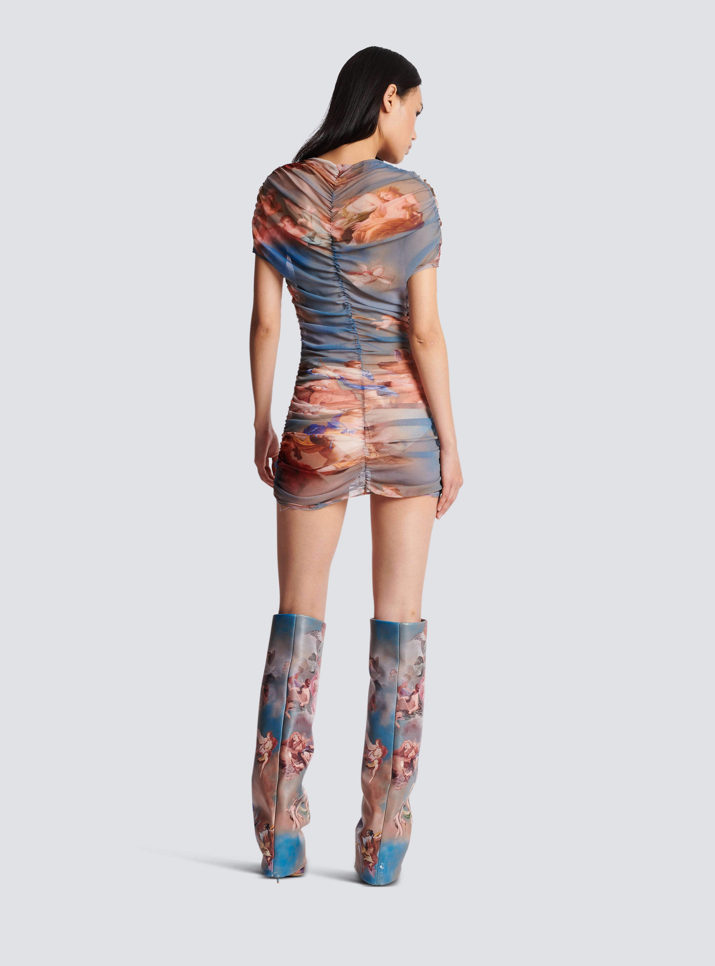 Balmain Sky-print Ruched Tulle Mini Dress In Multicolor