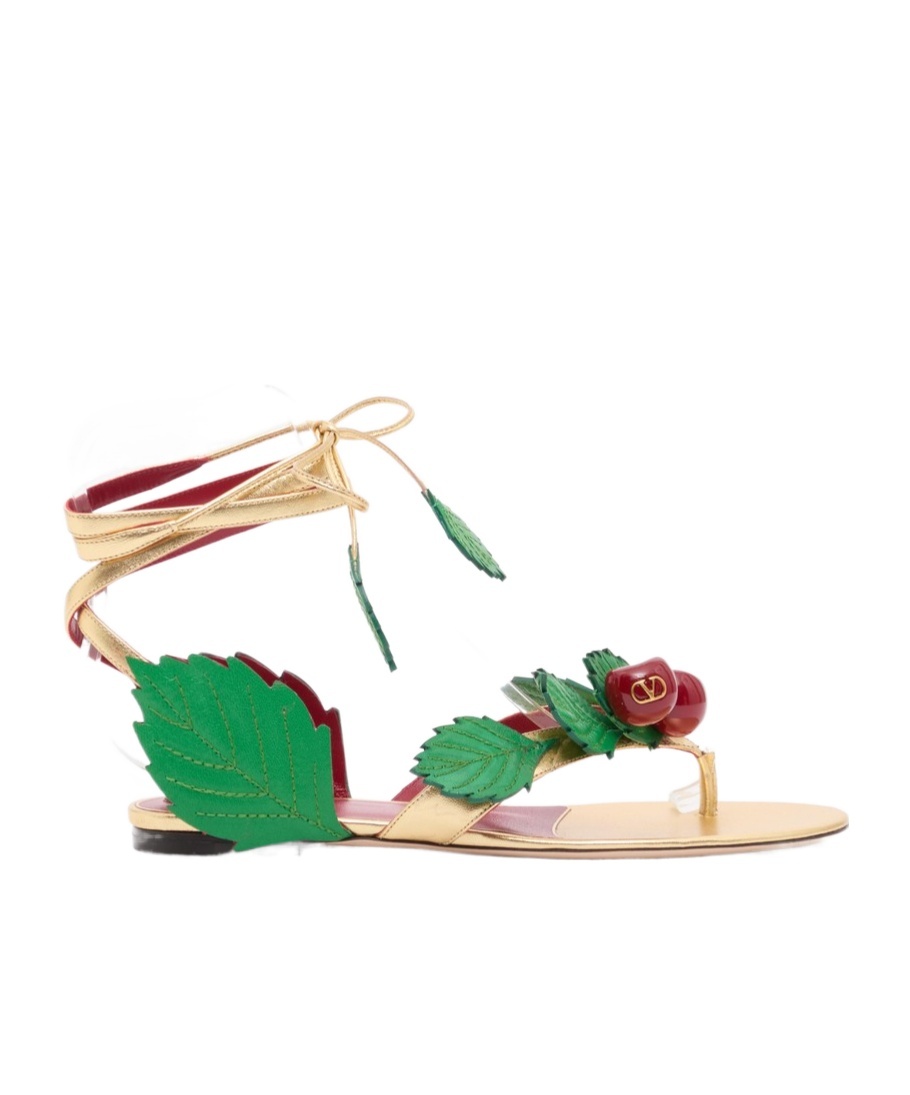 Valentino Leather Cherryfic Thong Sandals Leaf Ankle Strap In Green