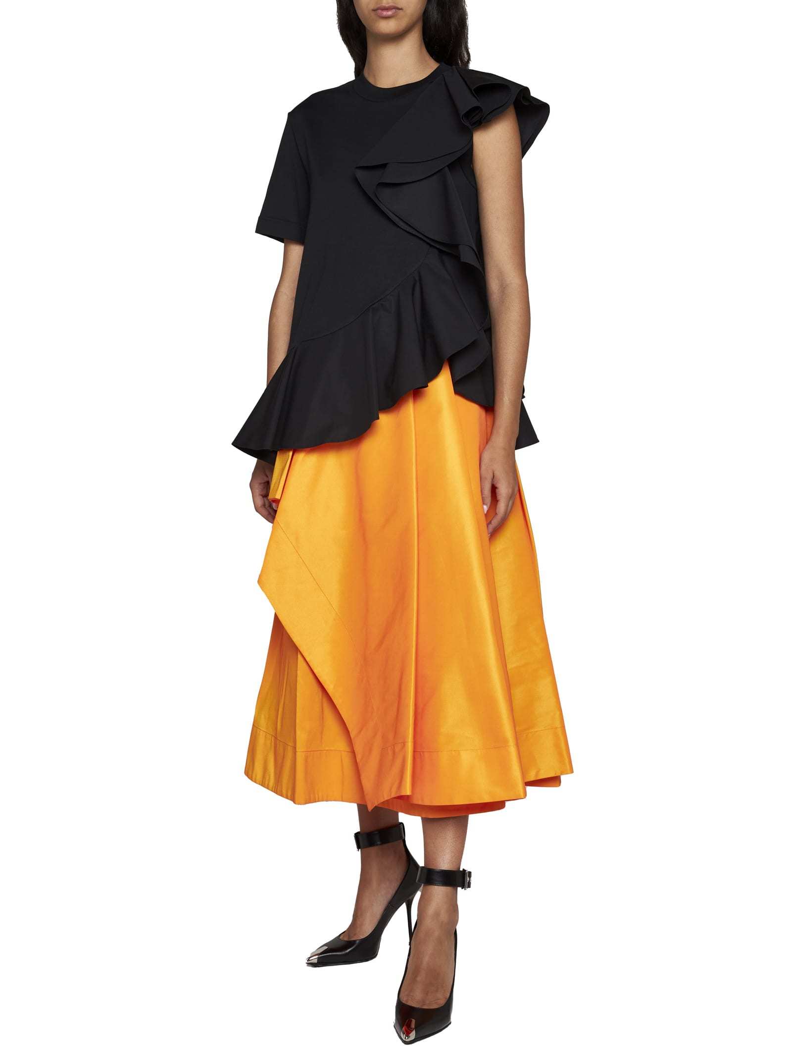 Alexander Mcqueen Mixed Media Ruffle Detail Cotton Top In Black