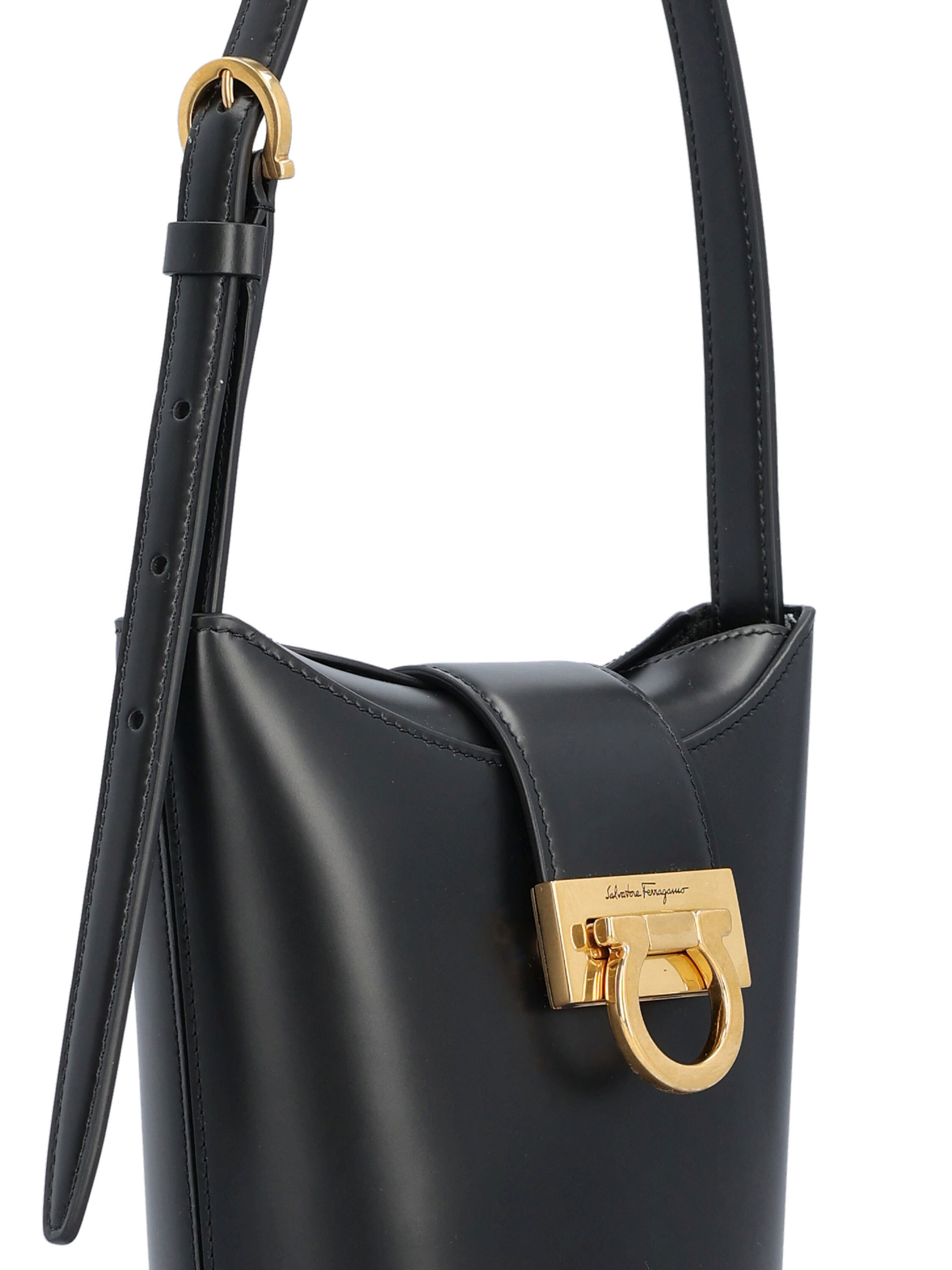 Ferragamo Structured Calfskin Bucket Bag In Black