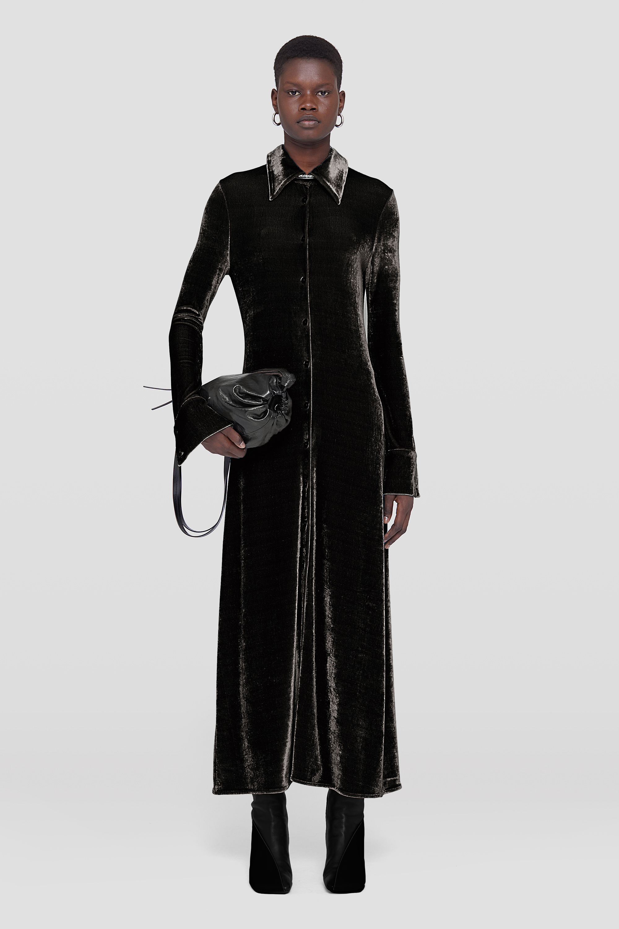 Jil Sander Velvet Maxi Shirtdress In Black