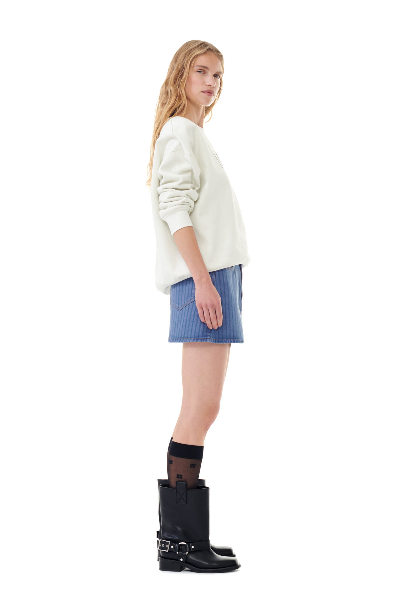 Ganni Blue Stripe Overdyed Denim Miniskirt In Blue