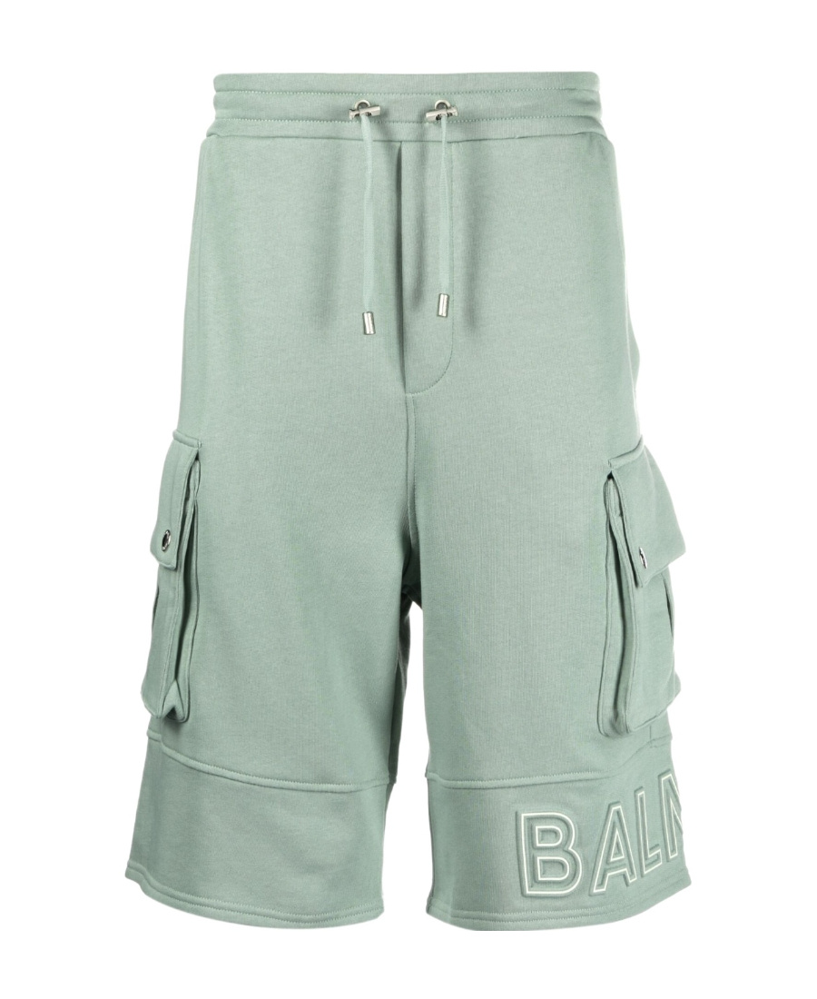Shop Balmain Embossed-logo Cotton Bermuda Shorts In Green