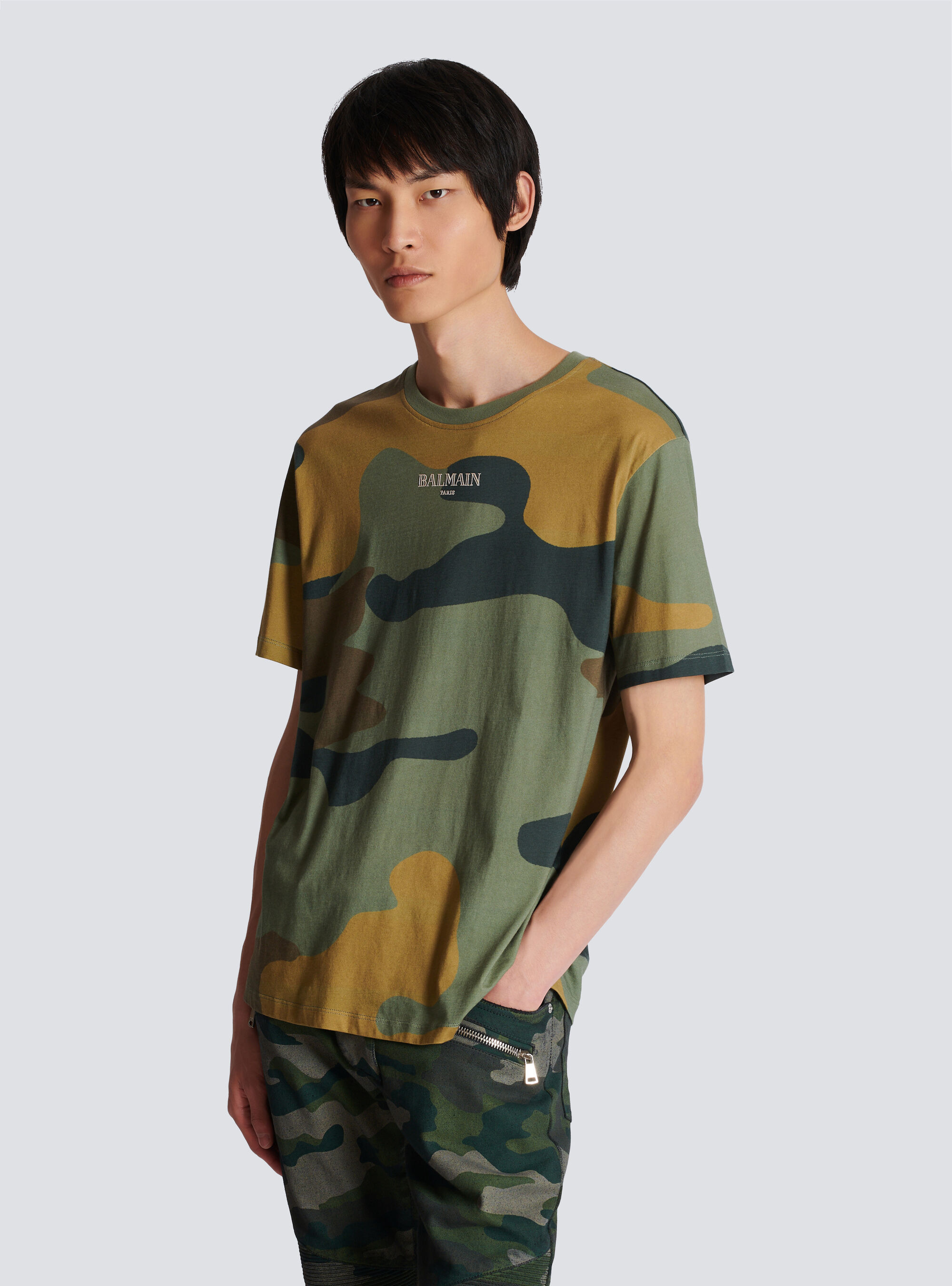 Balmain Camouflage-print Cotton T-shirt In Green
