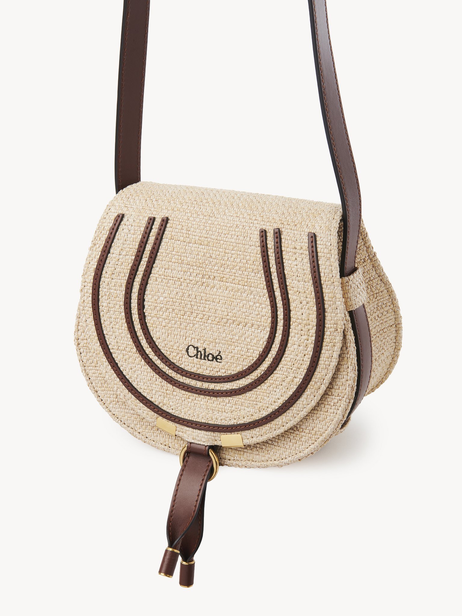 Chloé Small Saddle Marcie Bag In Raffia Effect In Nude