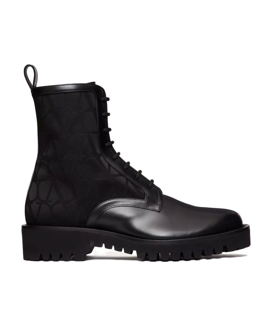 Valentino Garavani Toile Iconographe Combat Boot In Toile Iconographe Technical Fabric And Calfskin In Black