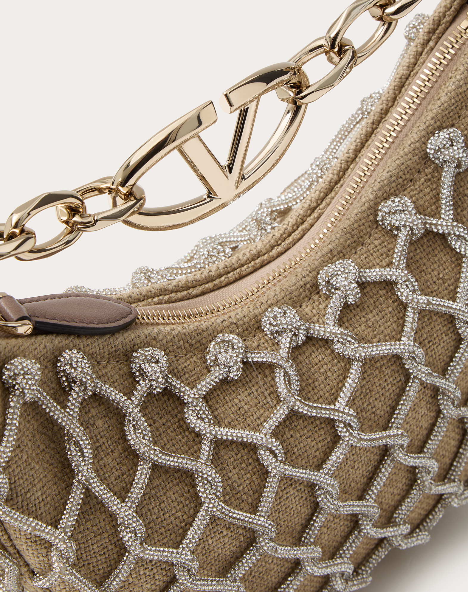 Valentino Vlogo Moon Mini Hobo Bag In Linen And Rhinestone Mesh With Chain In Brown