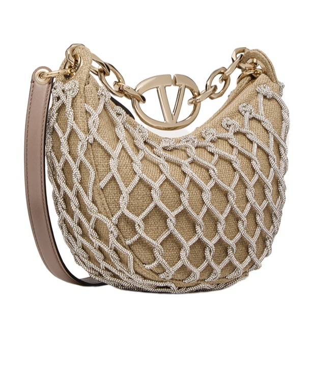 Valentino Vlogo Moon Mini Hobo Bag In Linen And Rhinestone Mesh With Chain In Brown