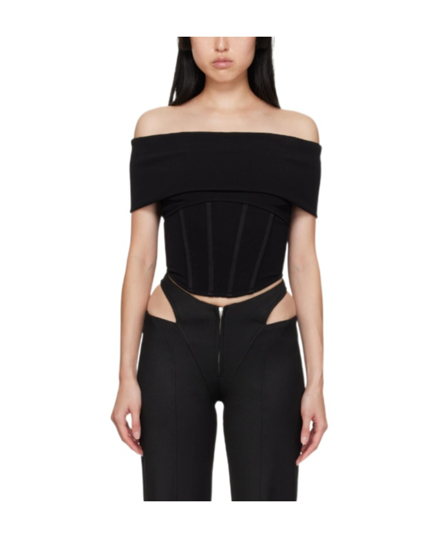 Misbhv Fitted Off-the-shoulder Textured Corset Top In Black