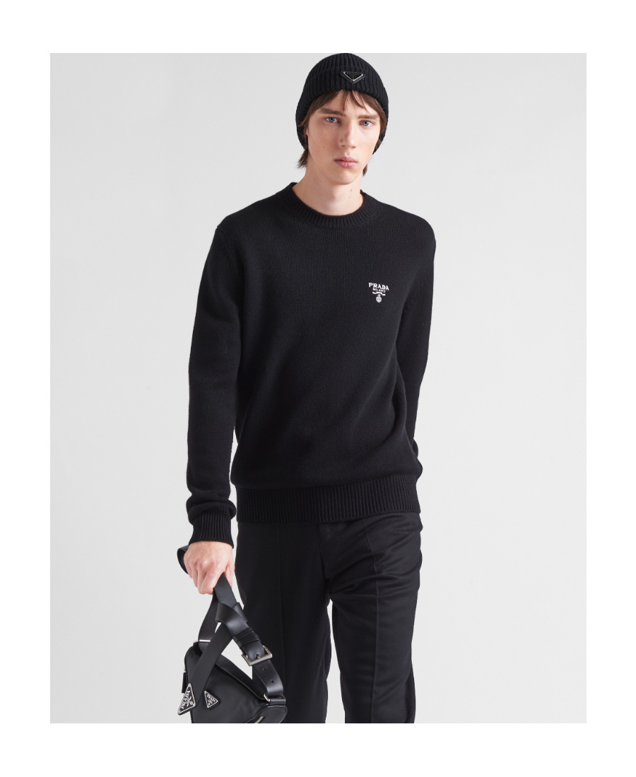 Prada Logo Embroidered Crewneck Knit Sweater In Black