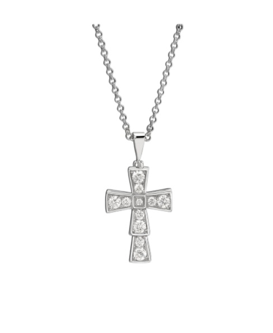 Bvlgari White Gold And Diamond Croce Necklace In Gray