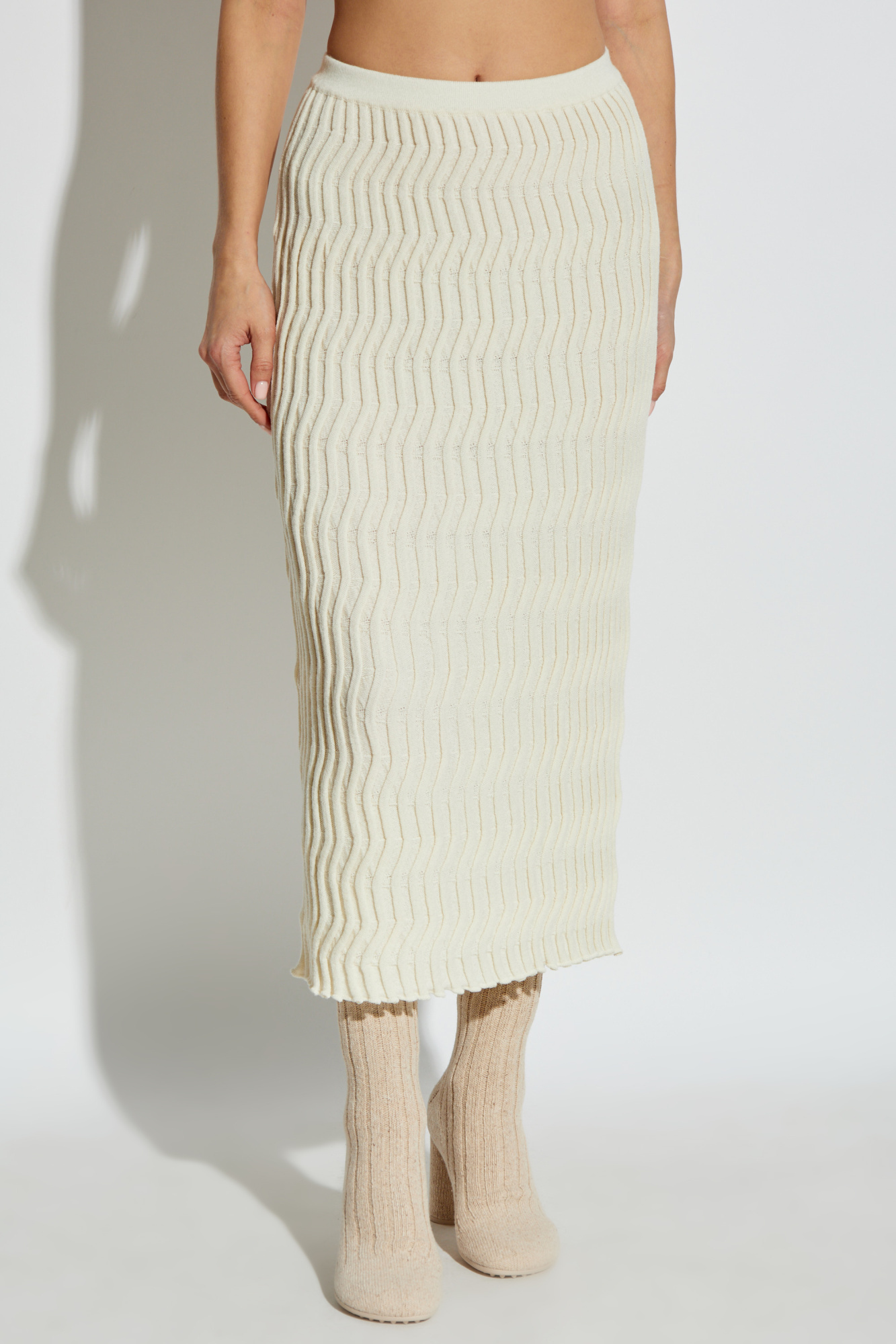 Shop Bottega Veneta Ribbed Wool Skirt In Nude