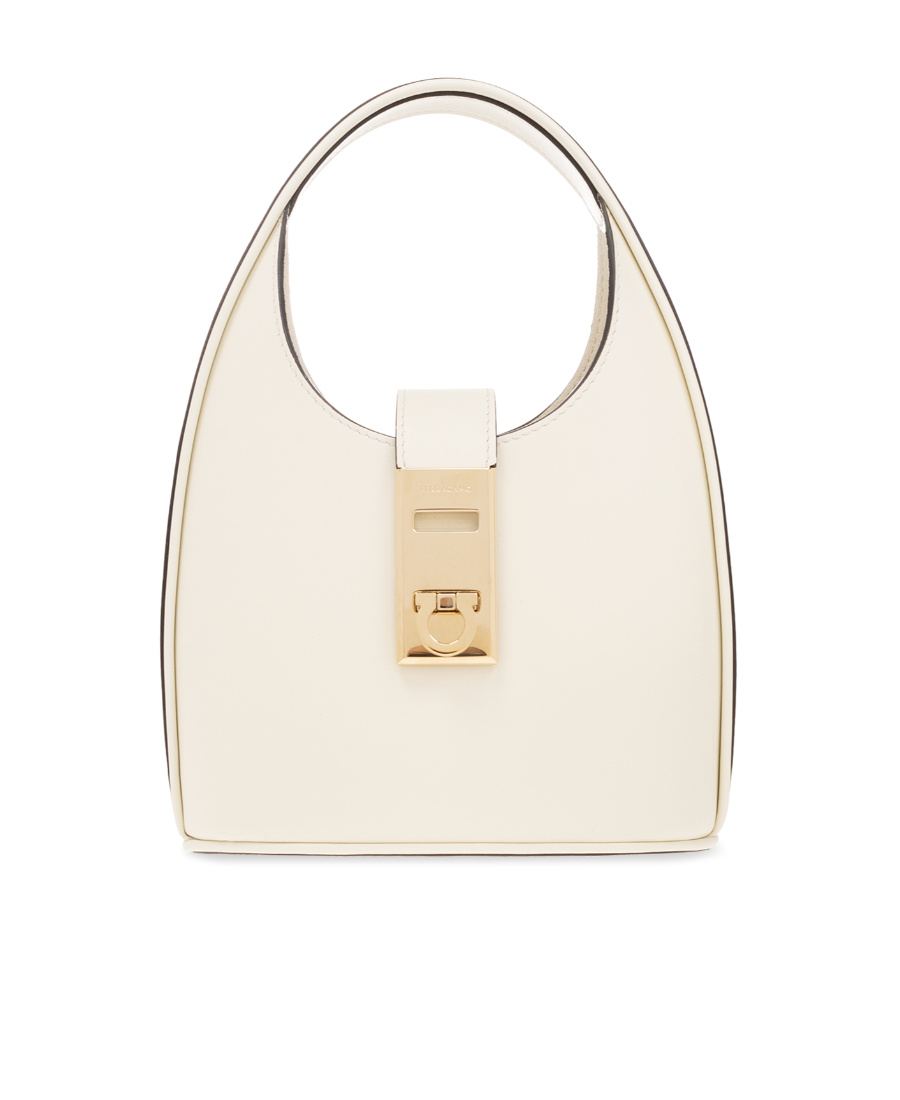 Ferragamo Salvatore  Gancini-buckle Logo-engraved Mini Hobo Bag In White